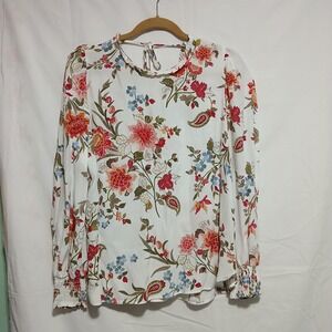 LOFT Floral Blouse Tie Neck Long Sleeve‎ Casual Top White Multicolor Size M